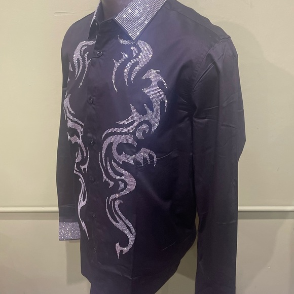 Deniko Men's Black and Silver Dress Shirt Button front rhinestone modern fit - Picture 2 of 4
